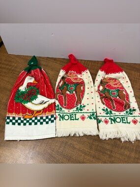 Lot of 3 Vintage Christmas Kitchen Crochet Hand Towels Goose Reindeer Hanging